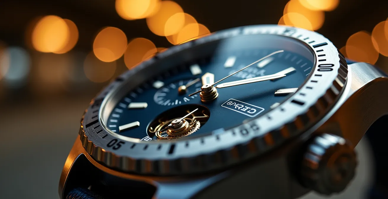 Gros plan sur une montre élégante avec arrière-plan flou de parking saturé