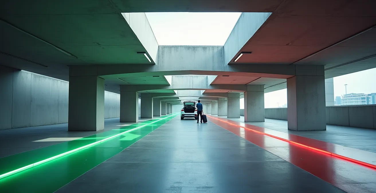 Environnement de parking moderne et épuré avec système de guidage lumineux